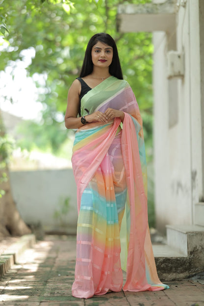 Satin Strip Pink Color Shading Ready To Wear Saree