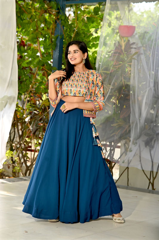 Luxuriant Navy Blue Color Lehenga Choli With Koti