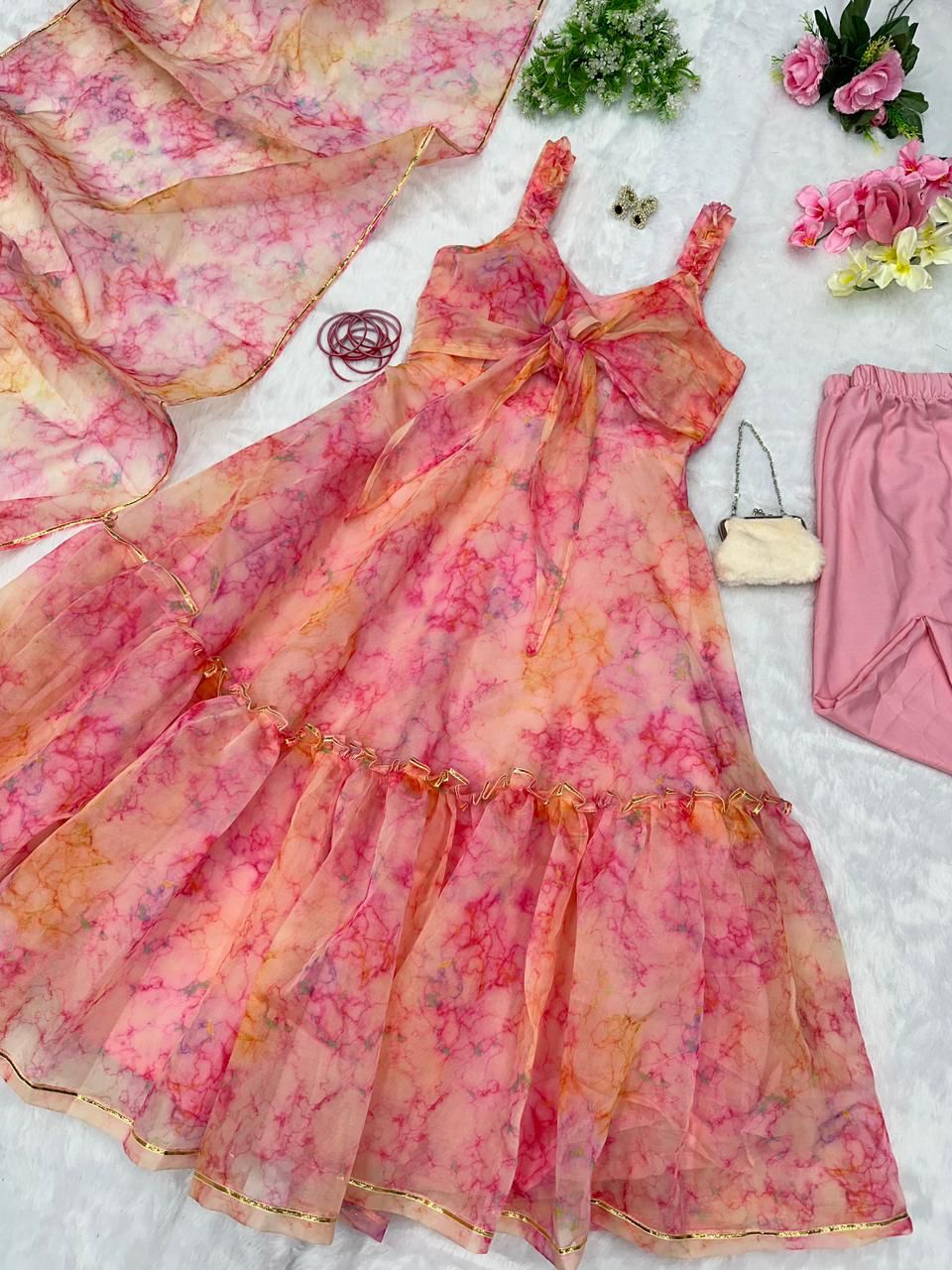 Superhit Peach Color Printed Organza Silk Gown
