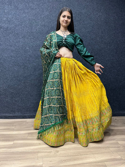 Terrific Green And Yellow Crush Work Lehenga Choli