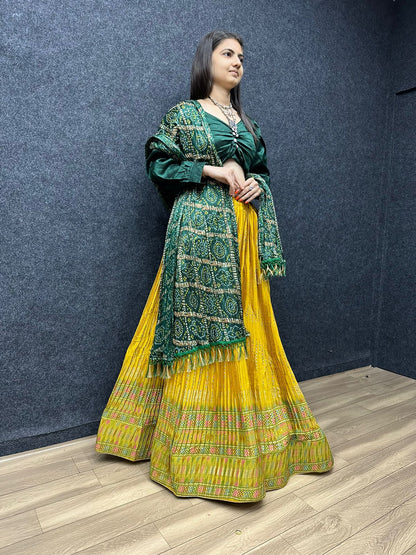 Terrific Green And Yellow Crush Work Lehenga Choli