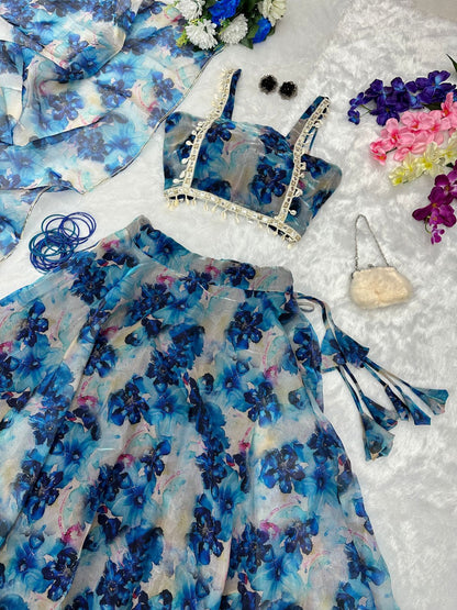 Gorgeous Blue Color Flower Print Organza Silk Lehenga Choli