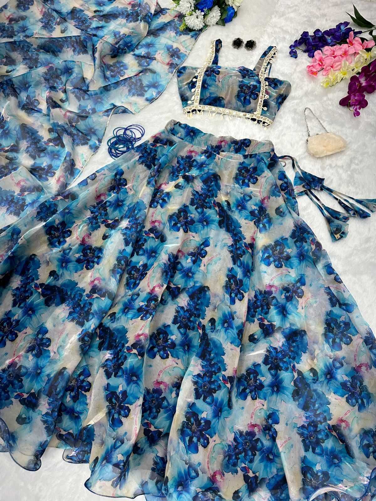 Gorgeous Blue Color Flower Print Organza Silk Lehenga Choli