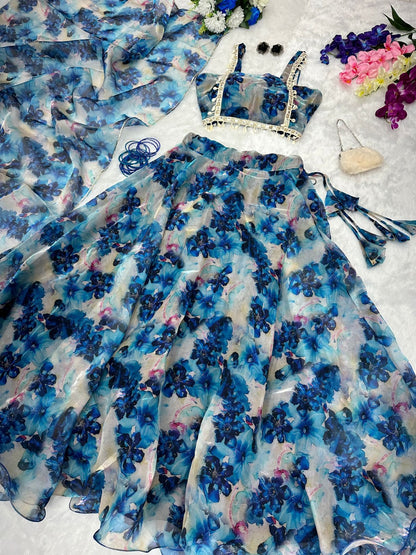 Gorgeous Blue Color Flower Print Organza Silk Lehenga Choli