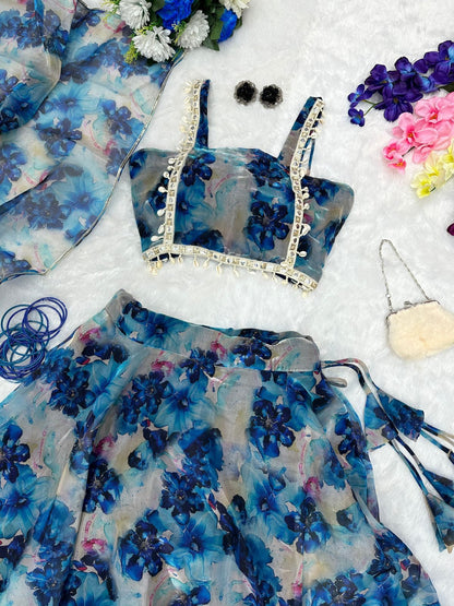 Gorgeous Blue Color Flower Print Organza Silk Lehenga Choli