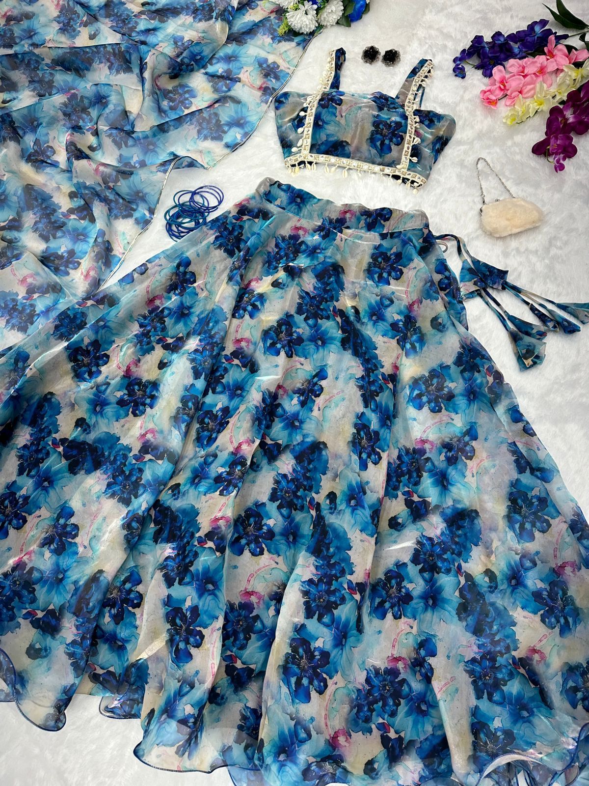 Gorgeous Blue Color Flower Print Organza Silk Lehenga Choli