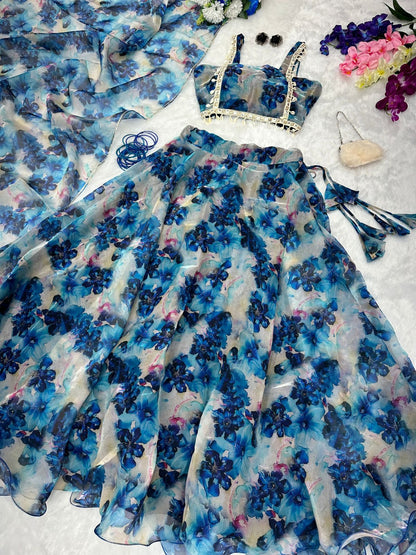 Gorgeous Blue Color Flower Print Organza Silk Lehenga Choli