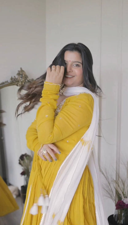 Fancy Pattern Yellow Color Thread Work Gown