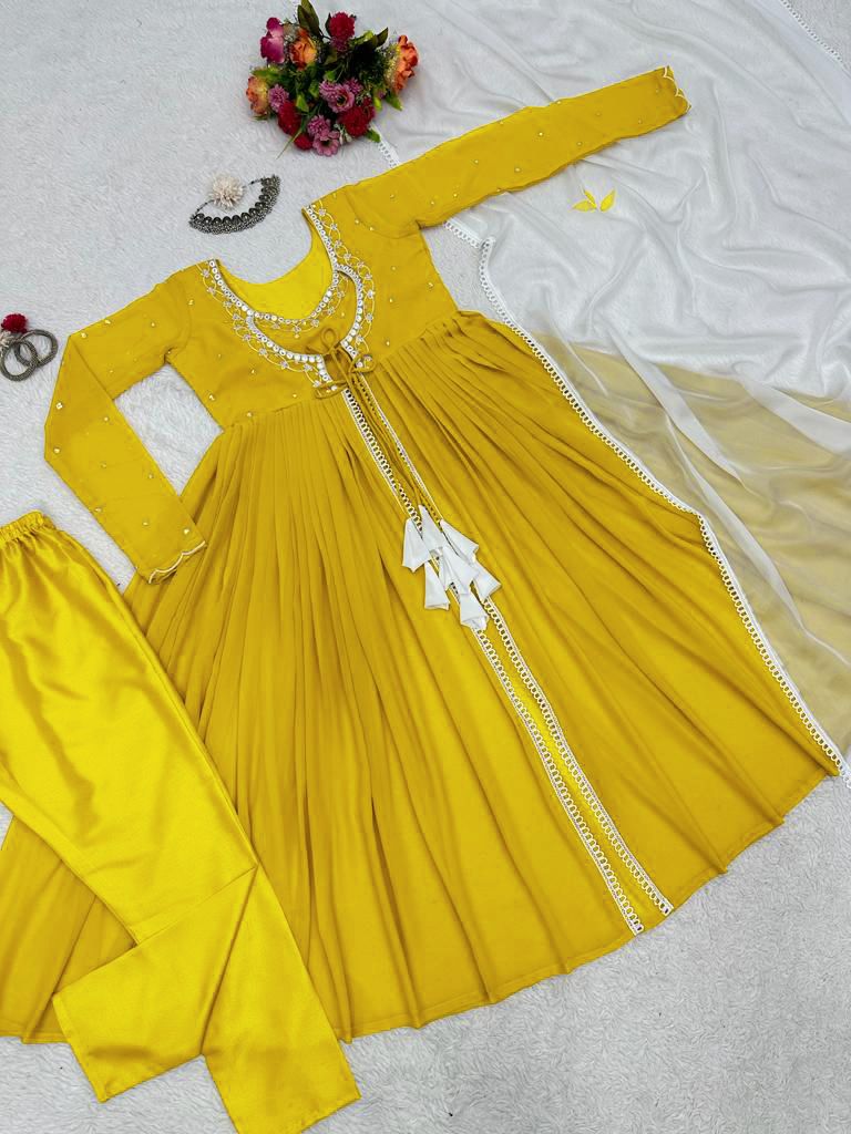Fancy Pattern Yellow Color Thread Work Gown