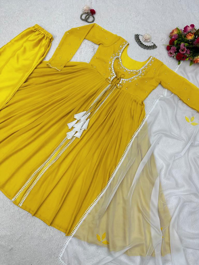Fancy Pattern Yellow Color Thread Work Gown