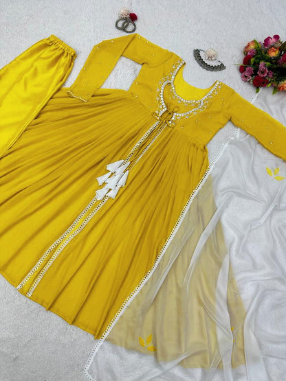 Fancy Pattern Yellow Color Thread Work Gown