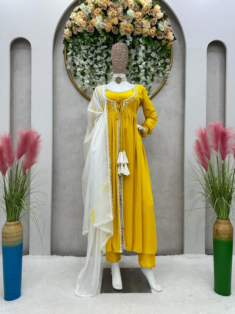 Fancy Pattern Yellow Color Thread Work Gown