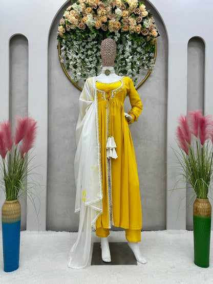 Fancy Pattern Yellow Color Thread Work Gown