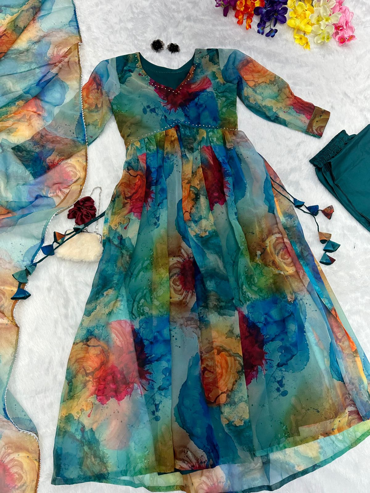 Handwork With Teal Blue Color Long Kurti