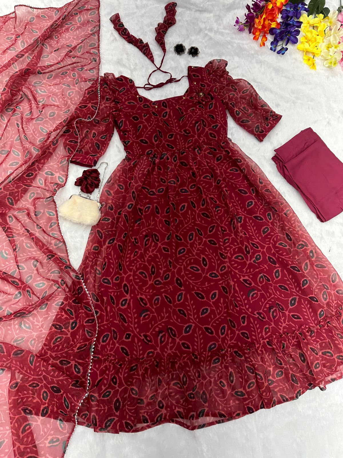 Gorgeous Maroon Color Printed Georgette Gown