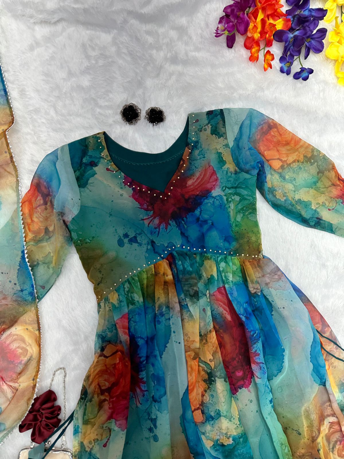 Handwork With Teal Blue Color Long Kurti