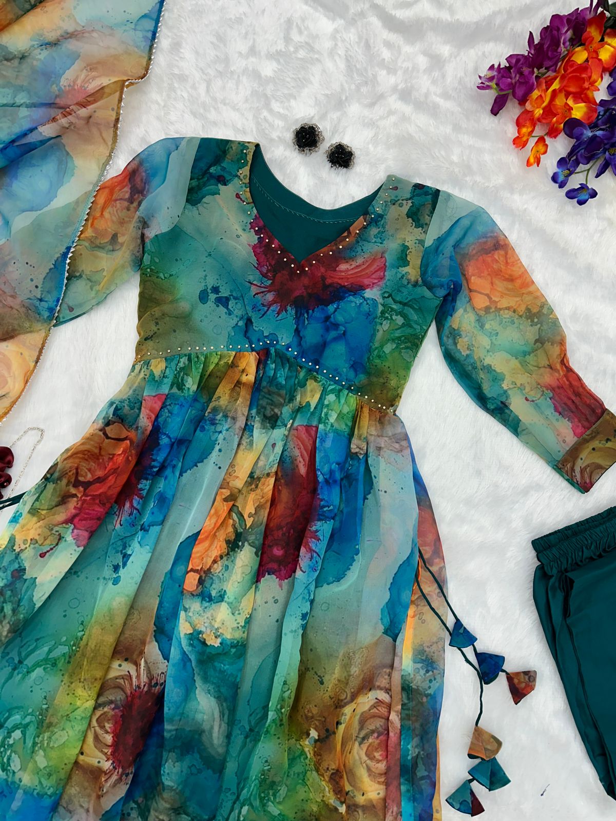 Handwork With Teal Blue Color Long Kurti