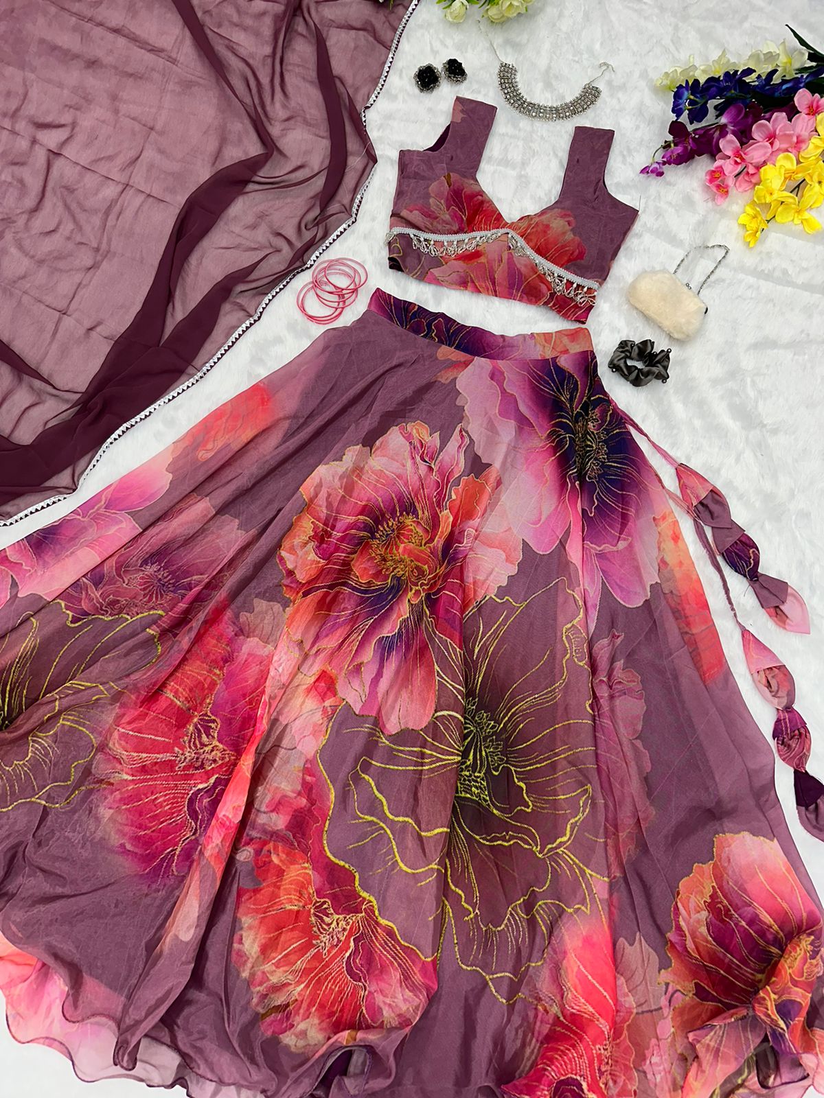 Outstanding Wine Color Organza Silk Lehenga Choli