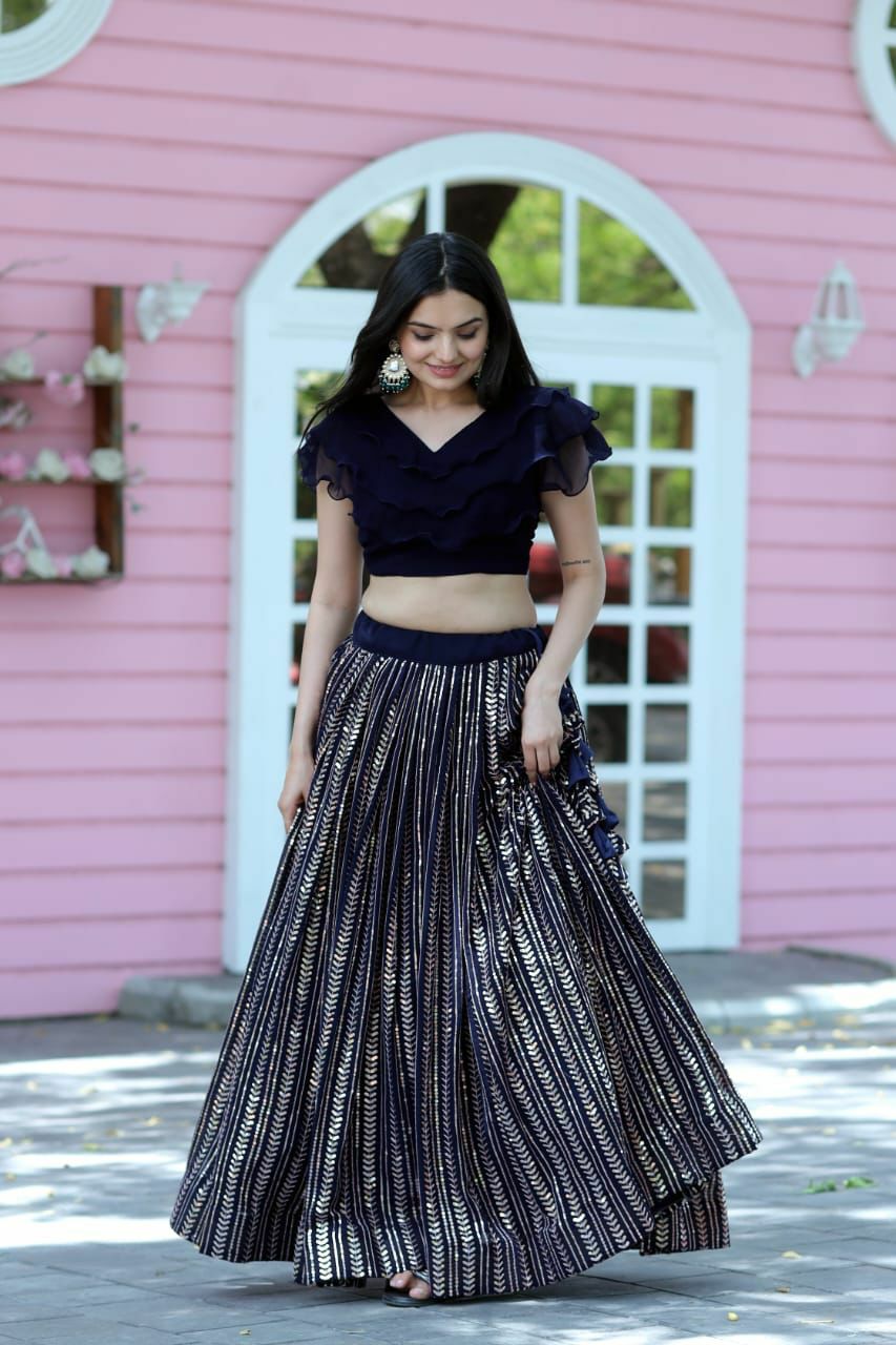Navy Blue Color Shine work Lehenga With Frill Blouse