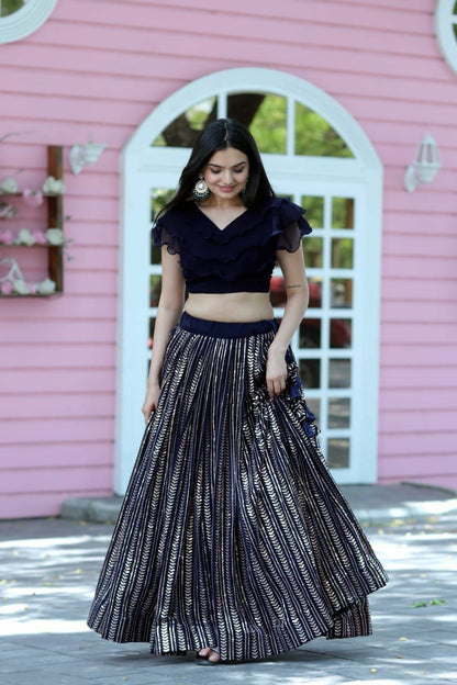 Navy Blue Color Shine work Lehenga With Frill Blouse