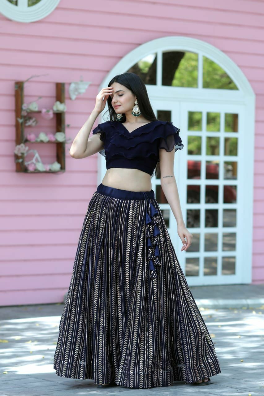 Navy Blue Color Shine work Lehenga With Frill Blouse