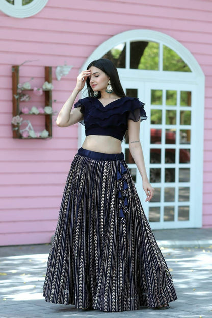 Navy Blue Color Shine work Lehenga With Frill Blouse