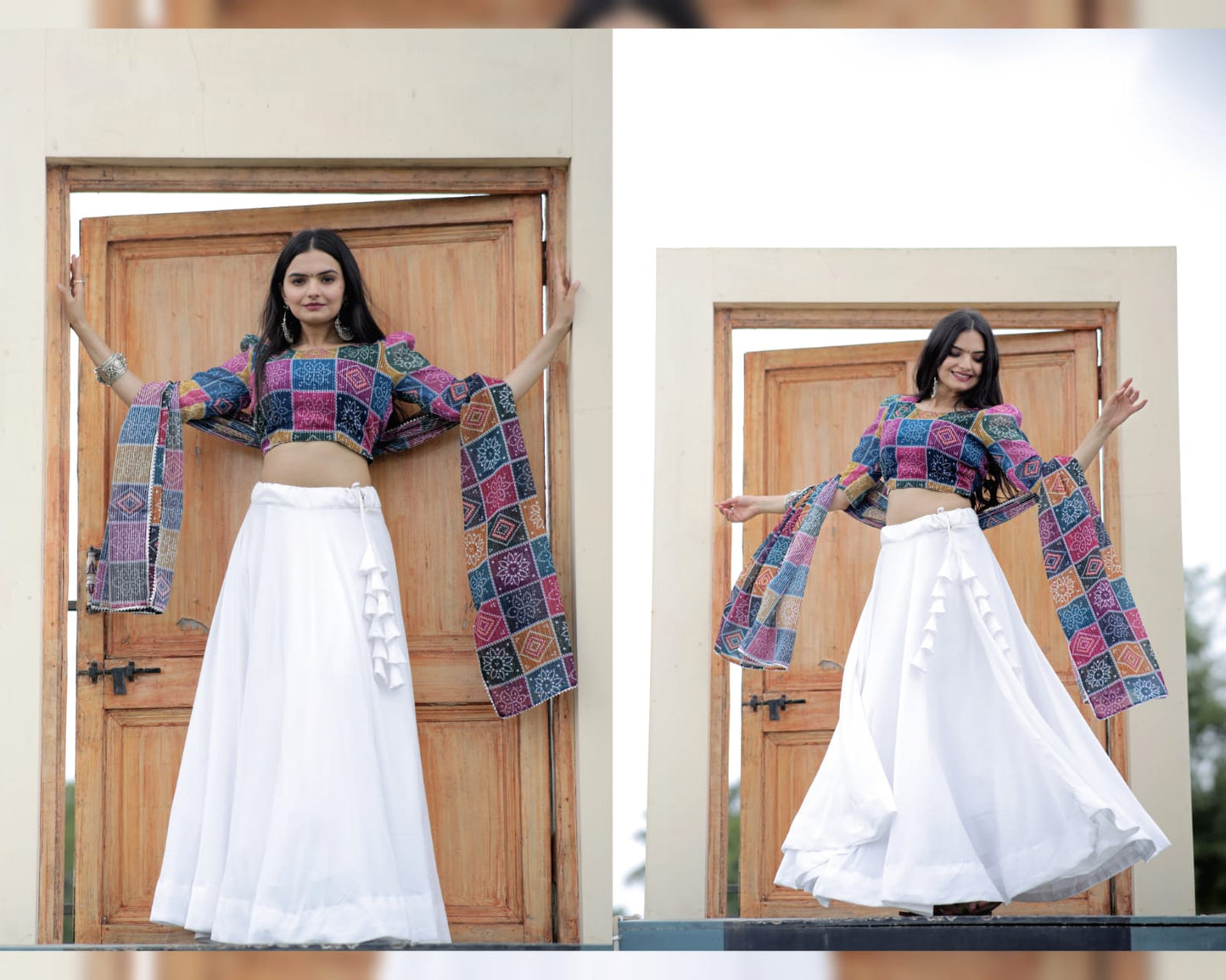 Exclusive Multi Design Top With Plain White Lehenga