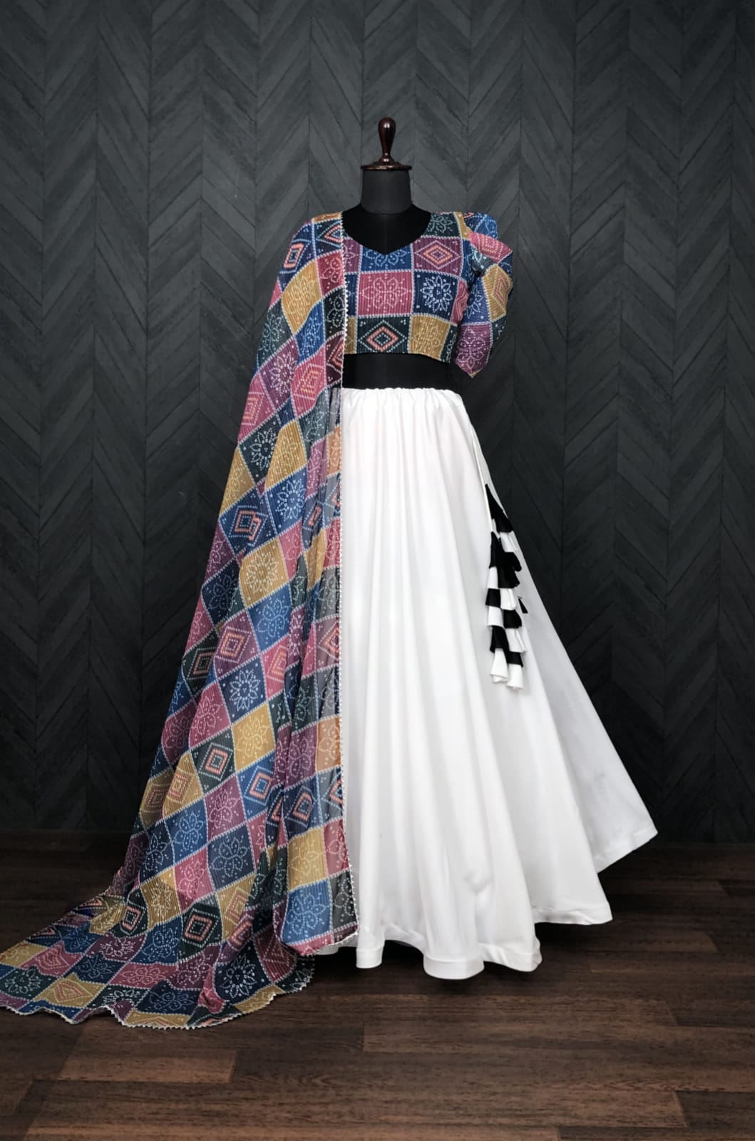 Exclusive Multi Design Top With Plain White Lehenga