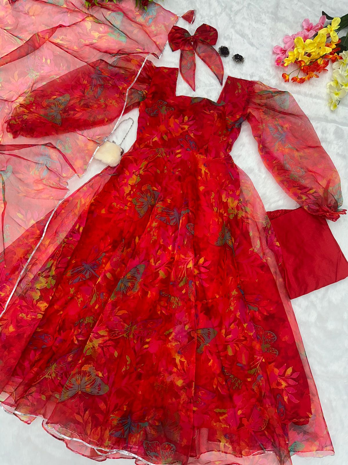 Lovely Red Color Organza Silk Anarkali Suit