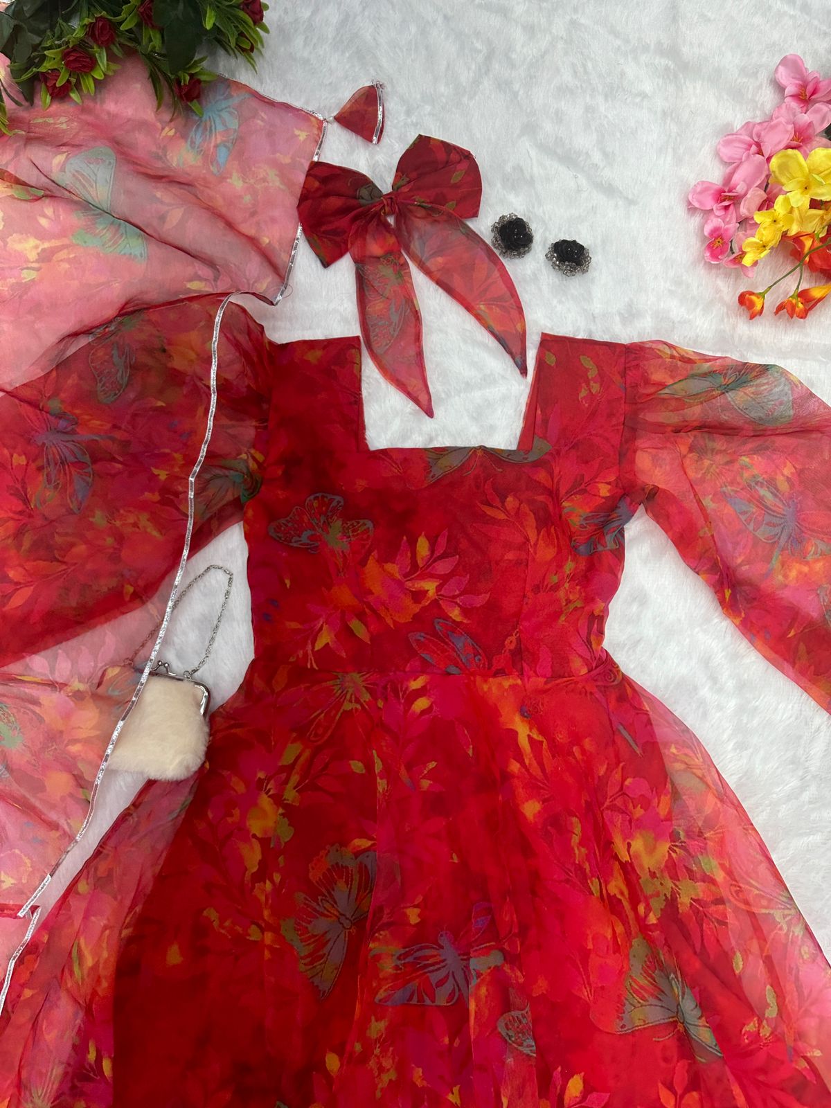 Lovely Red Color Organza Silk Anarkali Suit