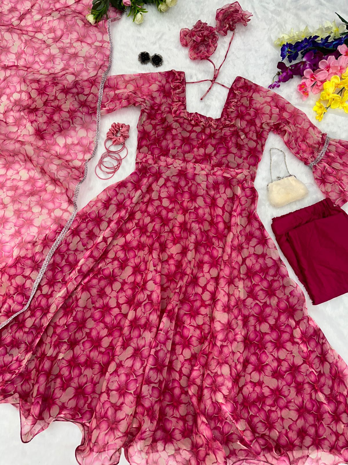 Fantastic Wine Color Digital Printed Organza Gown