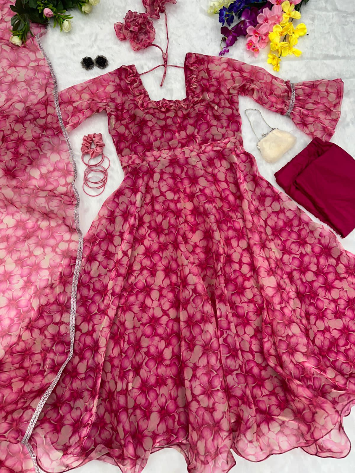 Fantastic Wine Color Digital Printed Organza Gown