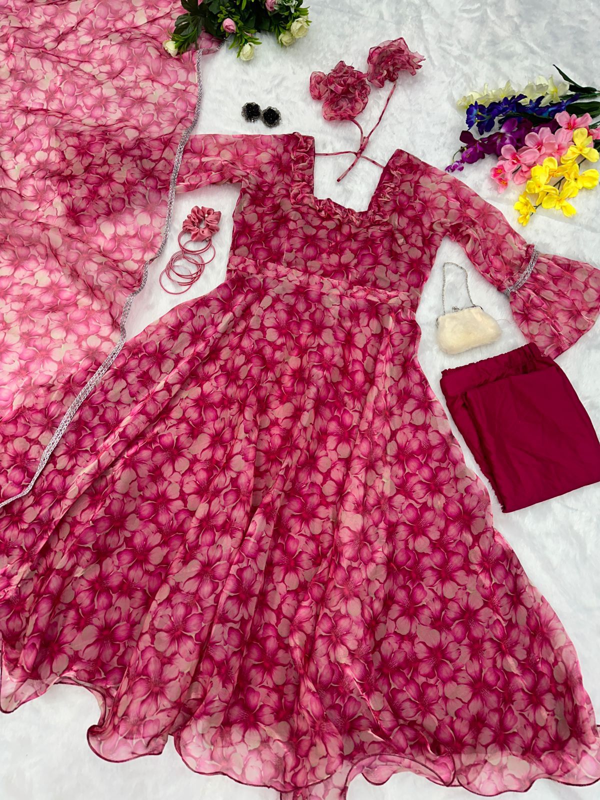 Fantastic Wine Color Digital Printed Organza Gown