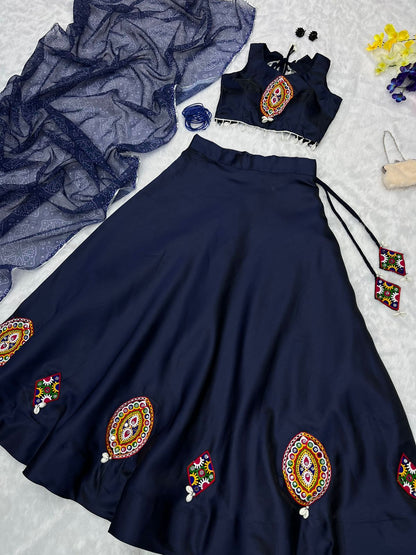 Navratri Wear Thread Work Navy Blue Color Lehenga Choli