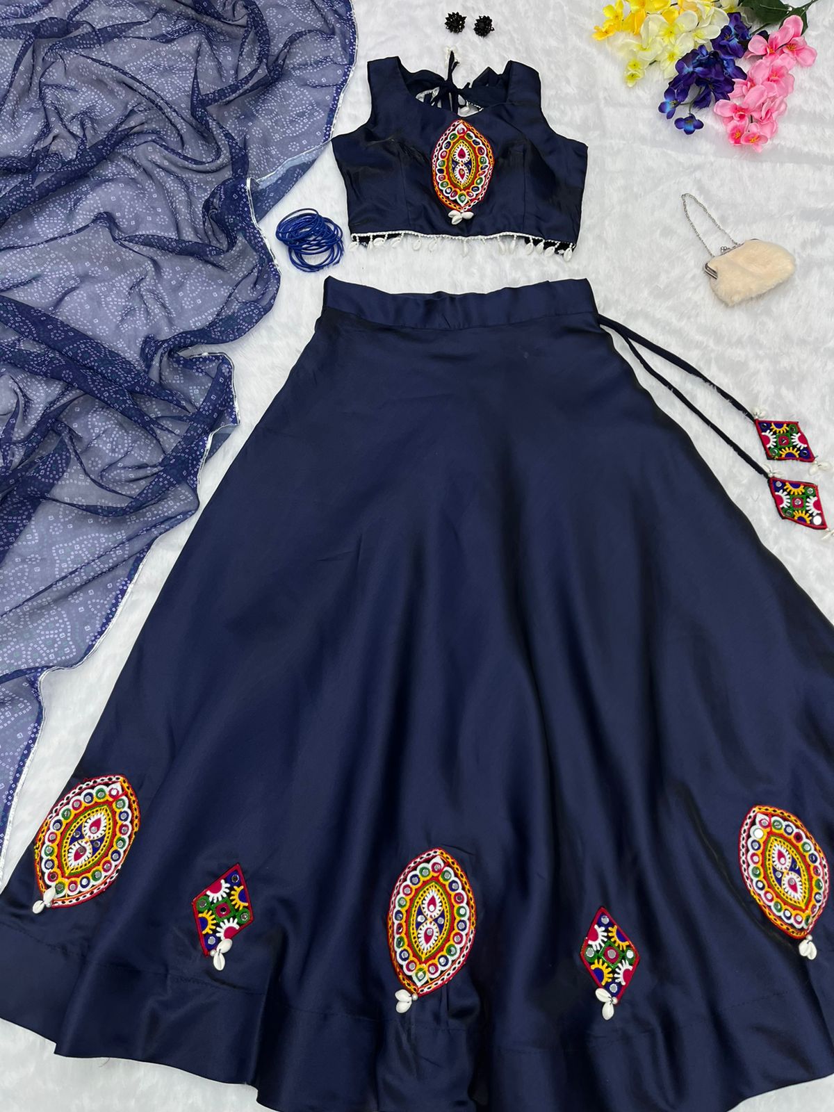 Navratri Wear Thread Work Navy Blue Color Lehenga Choli