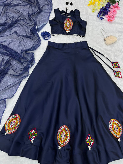 Navratri Wear Thread Work Navy Blue Color Lehenga Choli