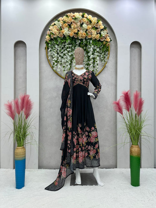 Lace Broder Work Black Color Flower Print Gown