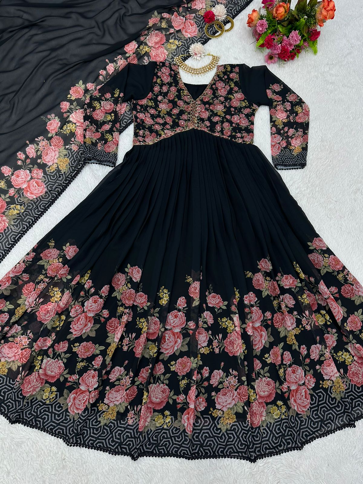Lace Broder Work Black Color Flower Print Gown