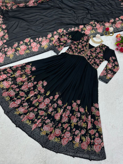 Captivating Handwork With Print  Black Color Gown
