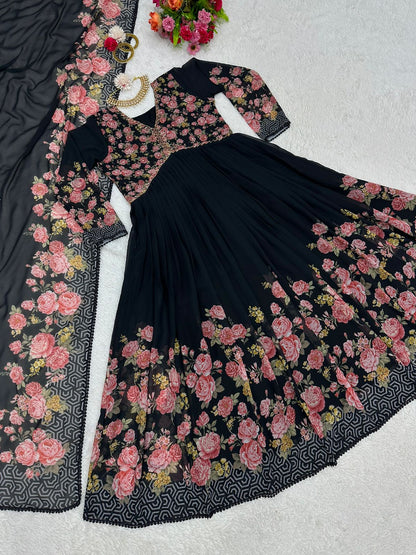 Captivating Handwork With Print  Black Color Gown
