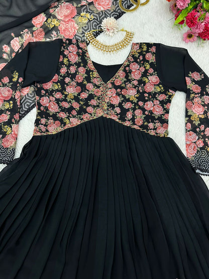 Captivating Handwork With Print  Black Color Gown