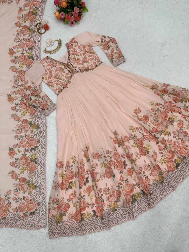 Lace Broder Work Beige Color Flower Print Gown
