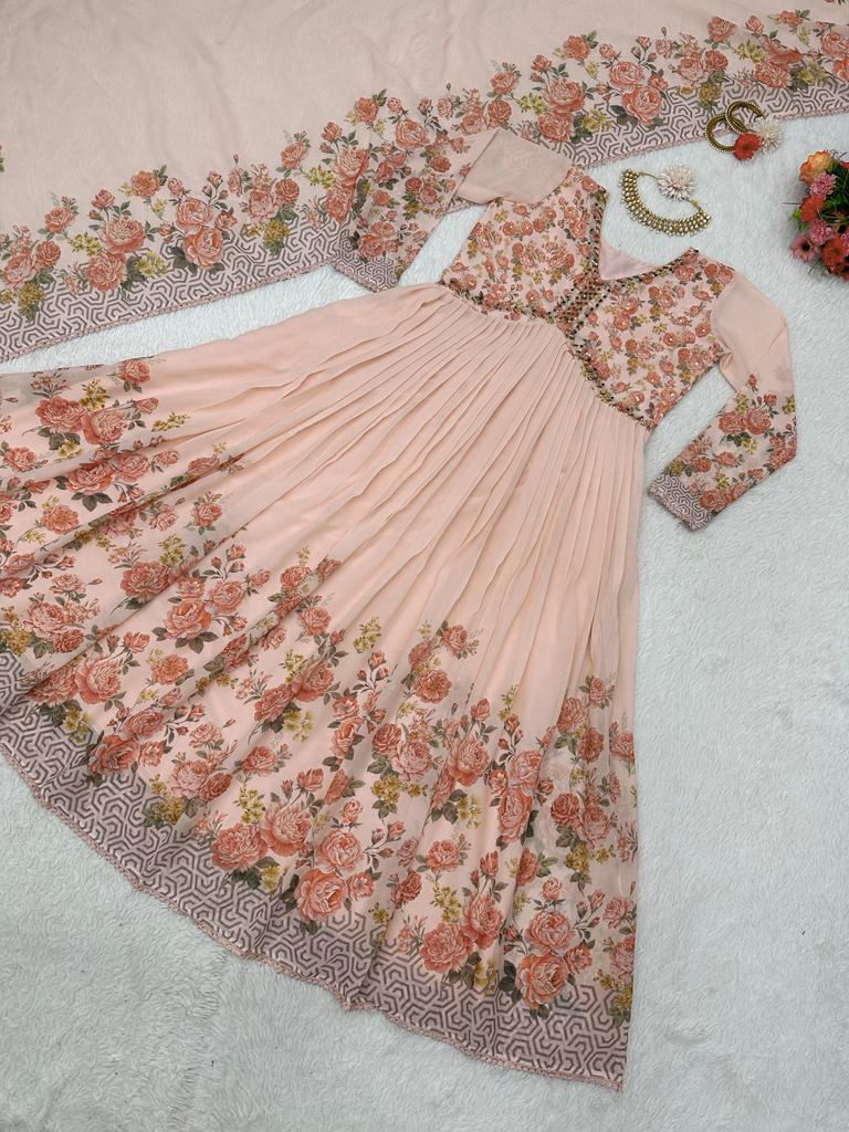 Captivating Handwork With Print  Beige Color Gown