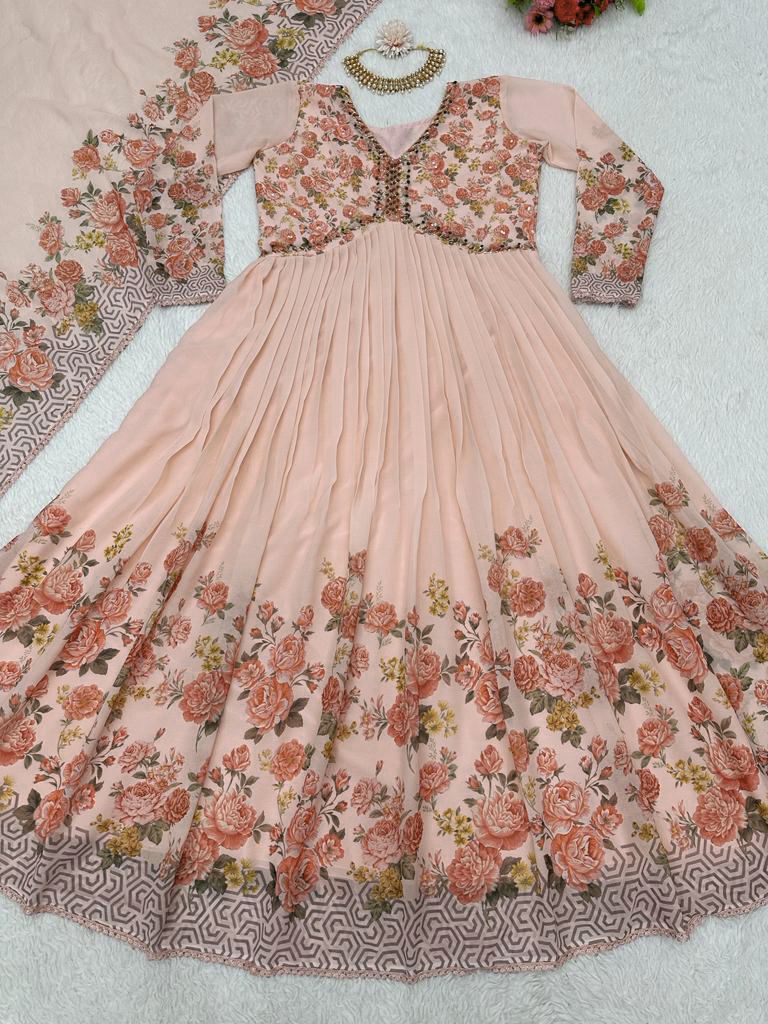 Captivating Handwork With Print  Beige Color Gown