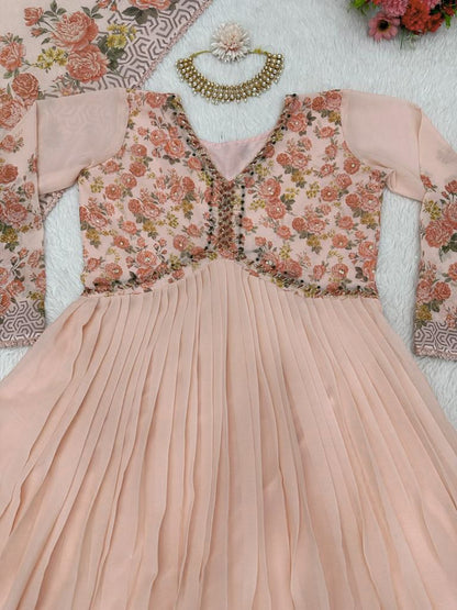 Captivating Handwork With Print  Beige Color Gown