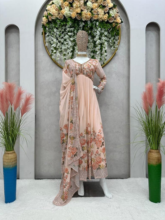 Lace Broder Work Beige Color Flower Print Gown