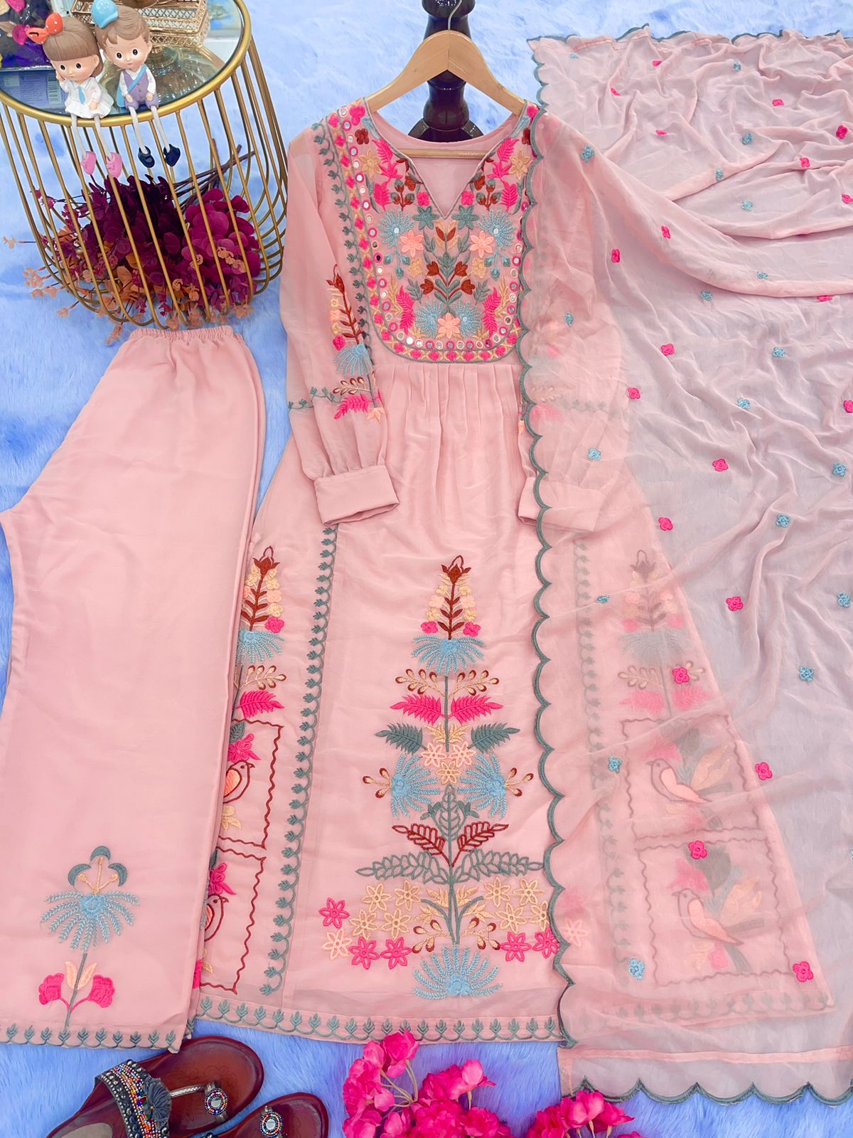 Stylish Peach Color Embroidery Work Top With Palazzo Set