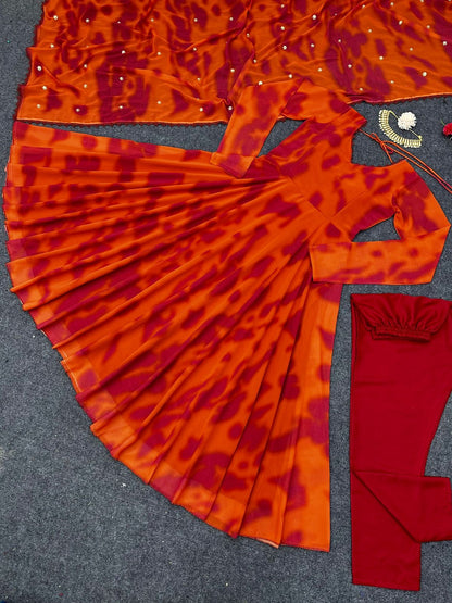 Captivating Orange Color Printed Festive Wear Gown