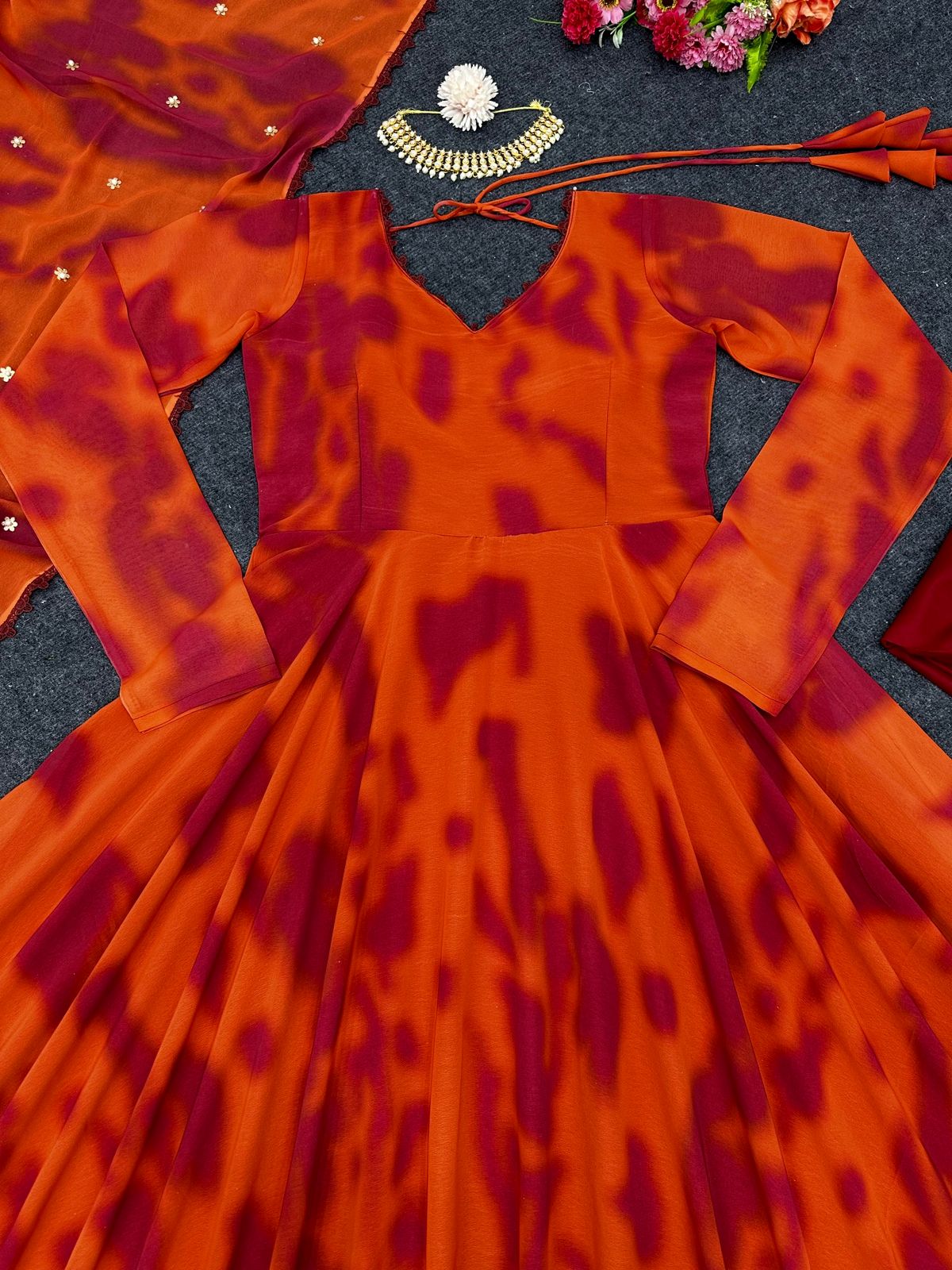 Captivating Orange Color Printed Festive Wear Gown