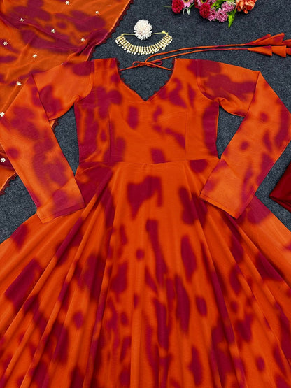 Captivating Orange Color Printed Festive Wear Gown